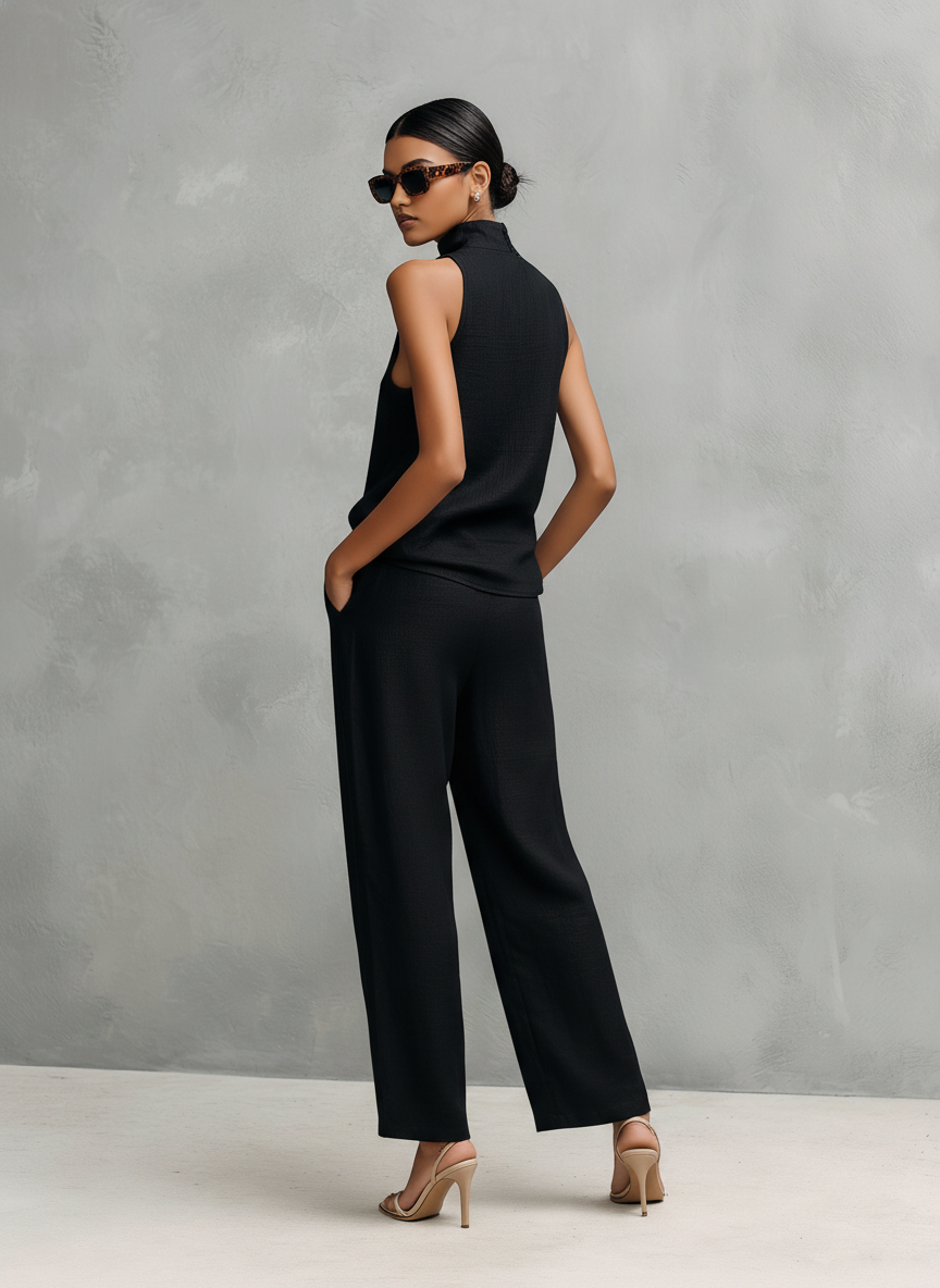 Conjunto de Top Sin Mangas y Pantalones Elegantes de Algodón y Lino Negro para Mujer