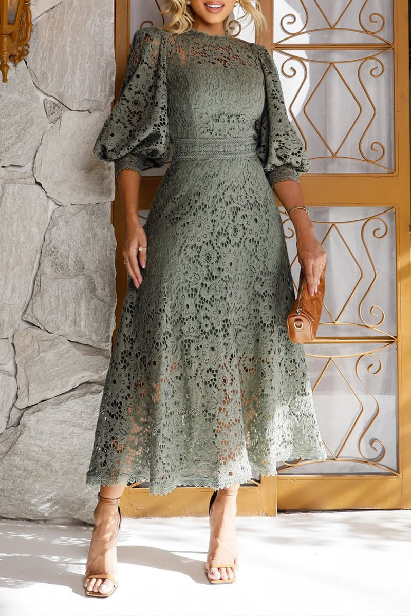 Vestido Midi de Encaje con Mangas de Linterna
