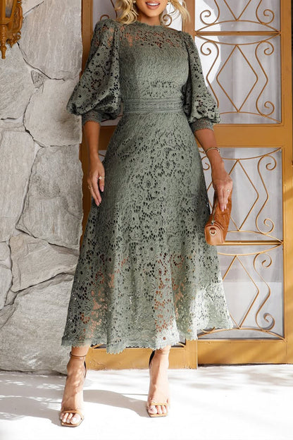 Vestido Midi de Encaje con Mangas de Linterna