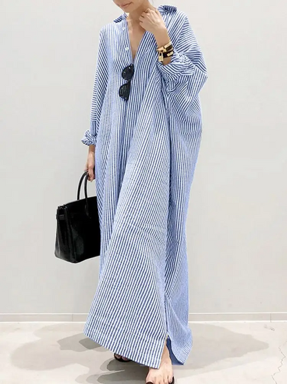 Alyssa™ - Vestido Maxi Estampado a Rayas con Mangas Abullonadas