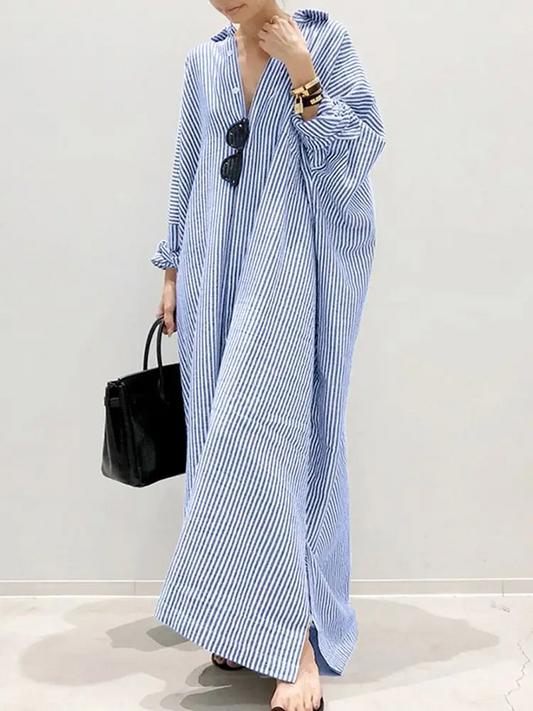 Alyssa™ - Vestido Maxi Estampado a Rayas con Mangas Abullonadas