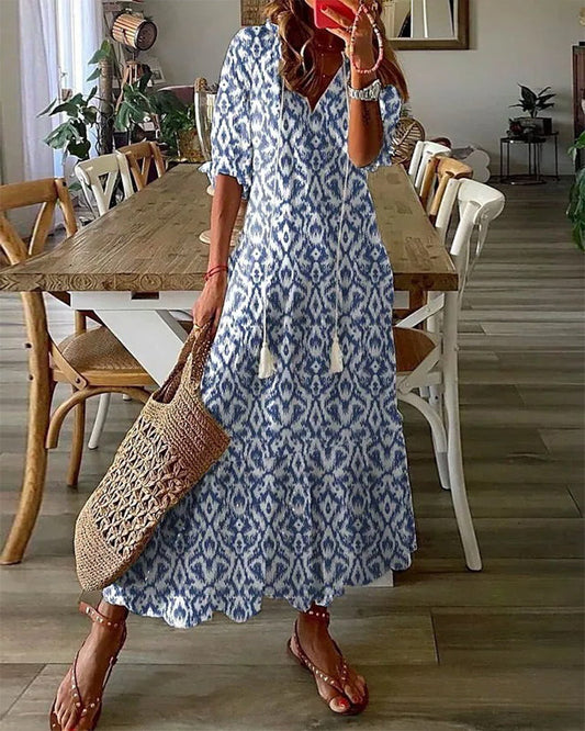 BARILA - Vestido Maxi de Impresión Geométrica con Escote en V