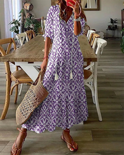 BARILA - Vestido Maxi de Impresión Geométrica con Escote en V