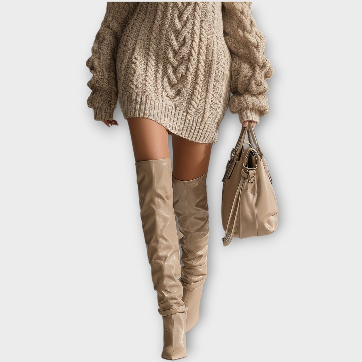 Vestido Suéter de Punto Trenzado con Hombros Descubiertos