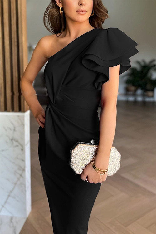 Caz - Vestido midi con hombros al descubierto y mangas con volantes