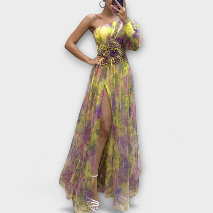 Vestido de Noche Elegante con Un Hombro y Cintura Adelgazante