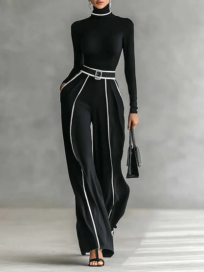 Conjunto de Top de Manga Larga y Cuello Alto con Ribete Blanco, Pantalones de Pierna Ancha y Cinturón