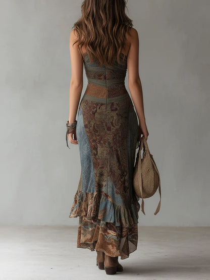 Elena | Vestido Maxi Estampado con Tirante Único y Abertura Ruffle