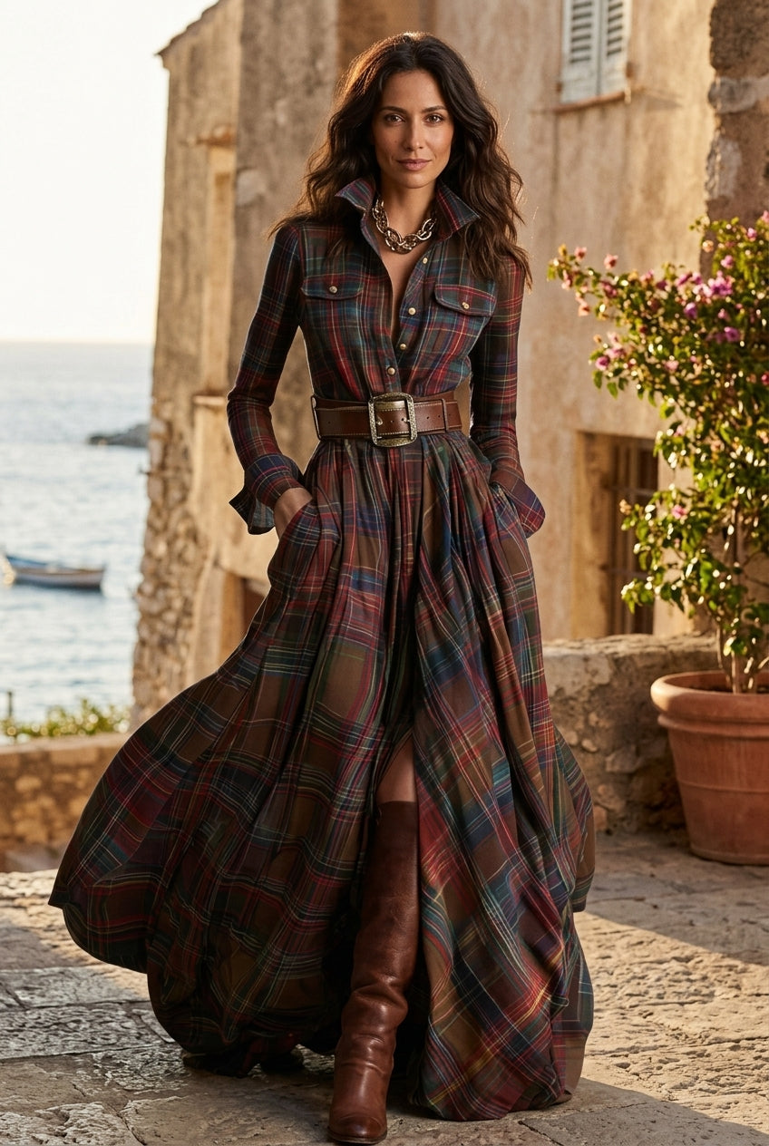 Vestido Maxi a Cuadros Atemporal - Elegancia Rústica y Refinada