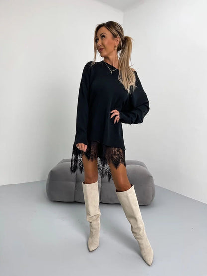 Sudadera Media con Capucha de Encaje y Cuello Redondo