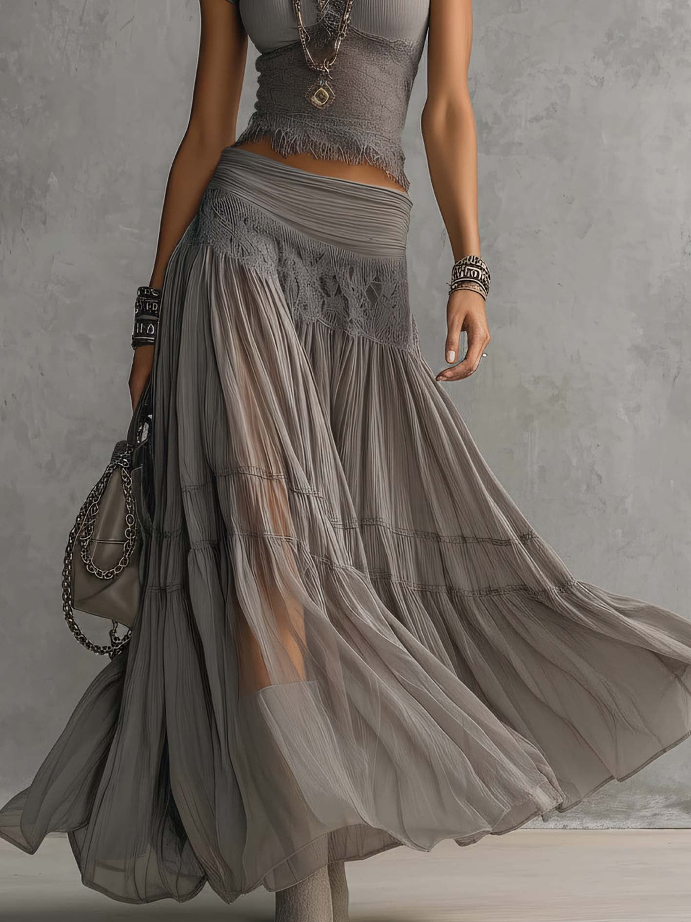 Alba - Conjunto completo con top gris de paneles de encaje y falda larga plisada
