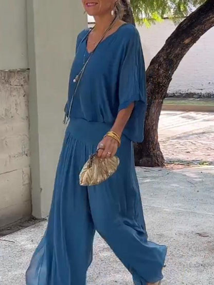 ESMERALDA – CONJUNTO DE PANTALONES ANCHOS DE CHIFFON ELEGANTE DE DOS PIEZAS