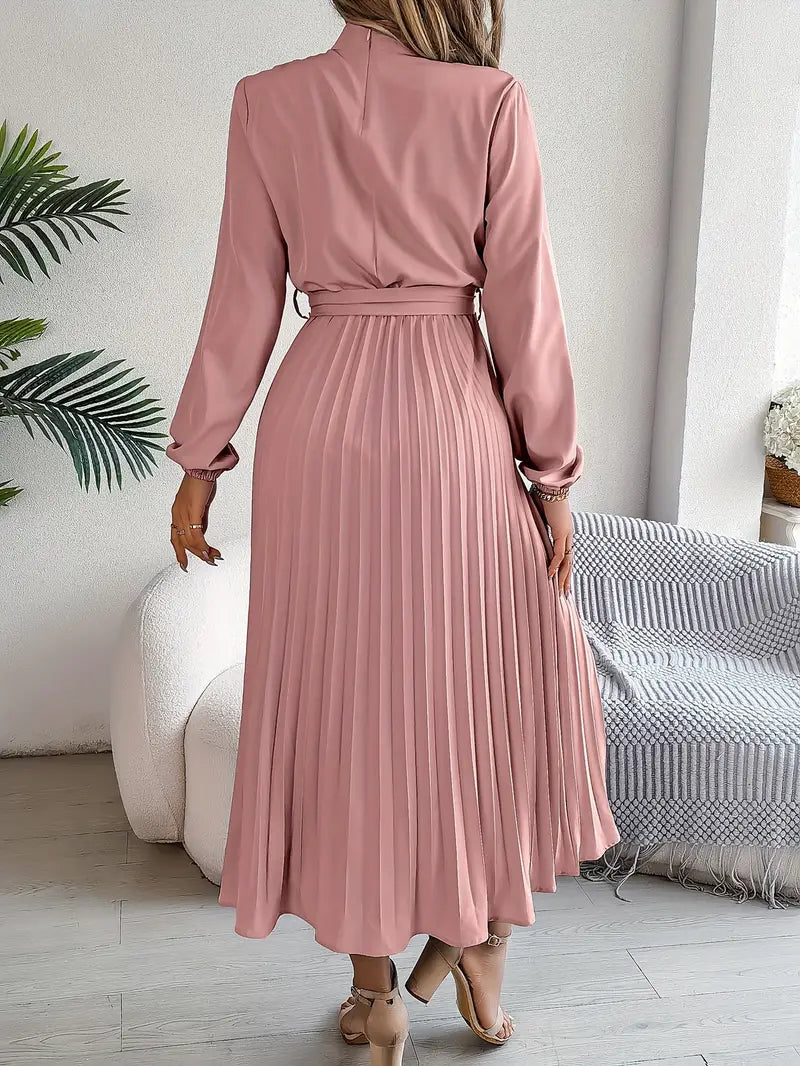 Vestido Midi Plisado de Manga Larga para Mujeres con Cintura con Cinturón