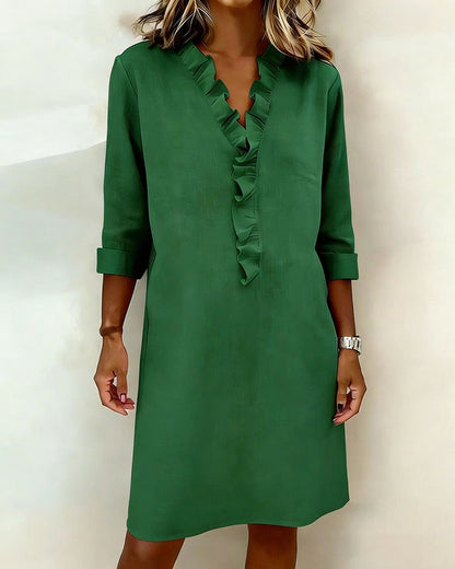 Vestido Sólido con Volantes y Cuello en V