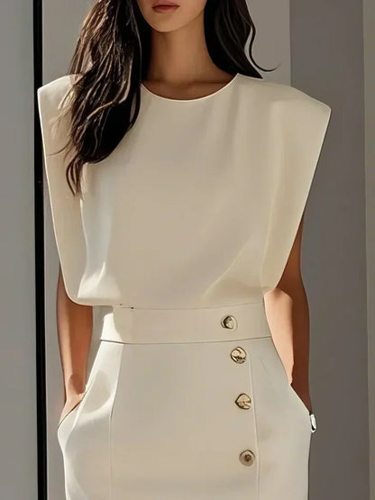 Malene™ | Vestido Midi Sólido con Abertura de Botones y Escote Redondo