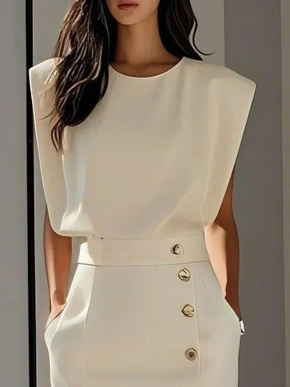 Malene™ | Vestido Midi Sólido con Abertura de Botón y Escote Redondo