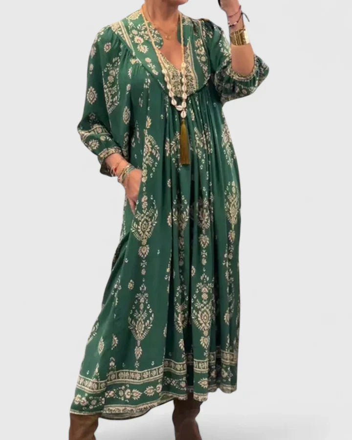 CLAIRE – VESTIDO MAXI BOHEMIO CON ESCOTE EN V