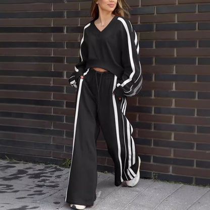 Conjunto de dos piezas de punto en rayas y pantalones anchos