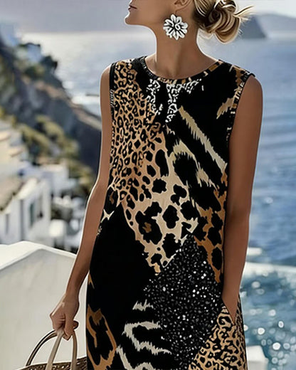Vestido Sin Mangas Largas de Estampado de Leopardo en Patchwork