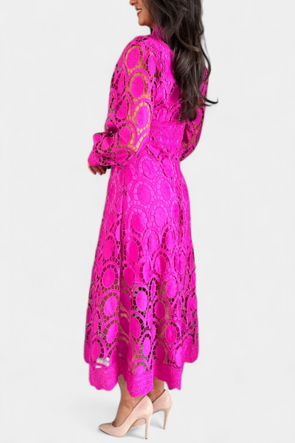 Jovie Vestido Midi de Encaje Bordado con Cuello Alto