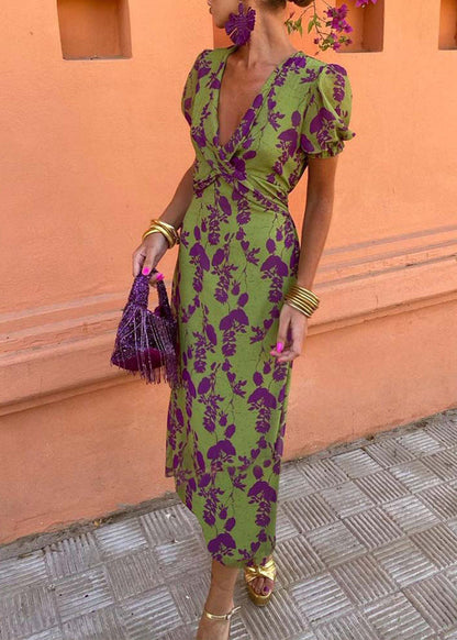 Aria™ - Elegante Vestido Maxi con Escote en V y Patrón de Hojas
