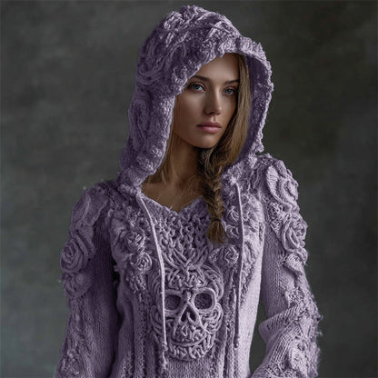 Suéter de punto acogedor con capucha de calavera celta vikinga y rosas blancas vintage