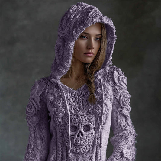Suéter de punto acogedor con capucha de calavera celta vikinga y rosas blancas vintage