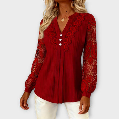 Blusa Plisada con Mangas de Encaje Elegante