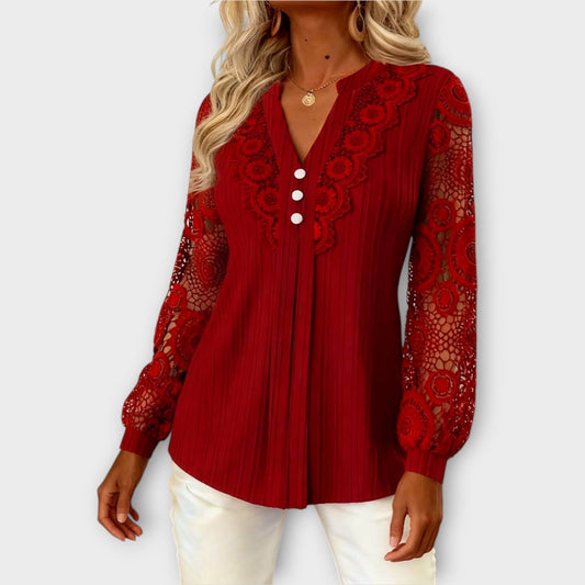 Blusa Plisada con Mangas de Encaje Elegante