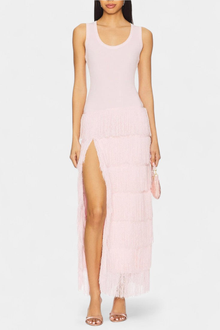 Kalani Vestido Maxi con Flecos en Capas y Abertura Lateral