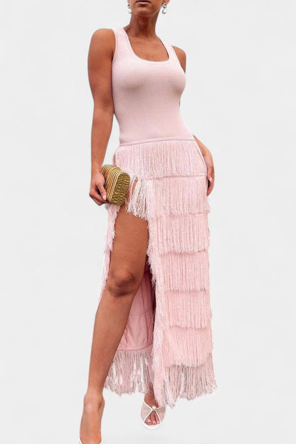 Kalani Vestido Maxi con Flecos en Capas y Abertura Lateral