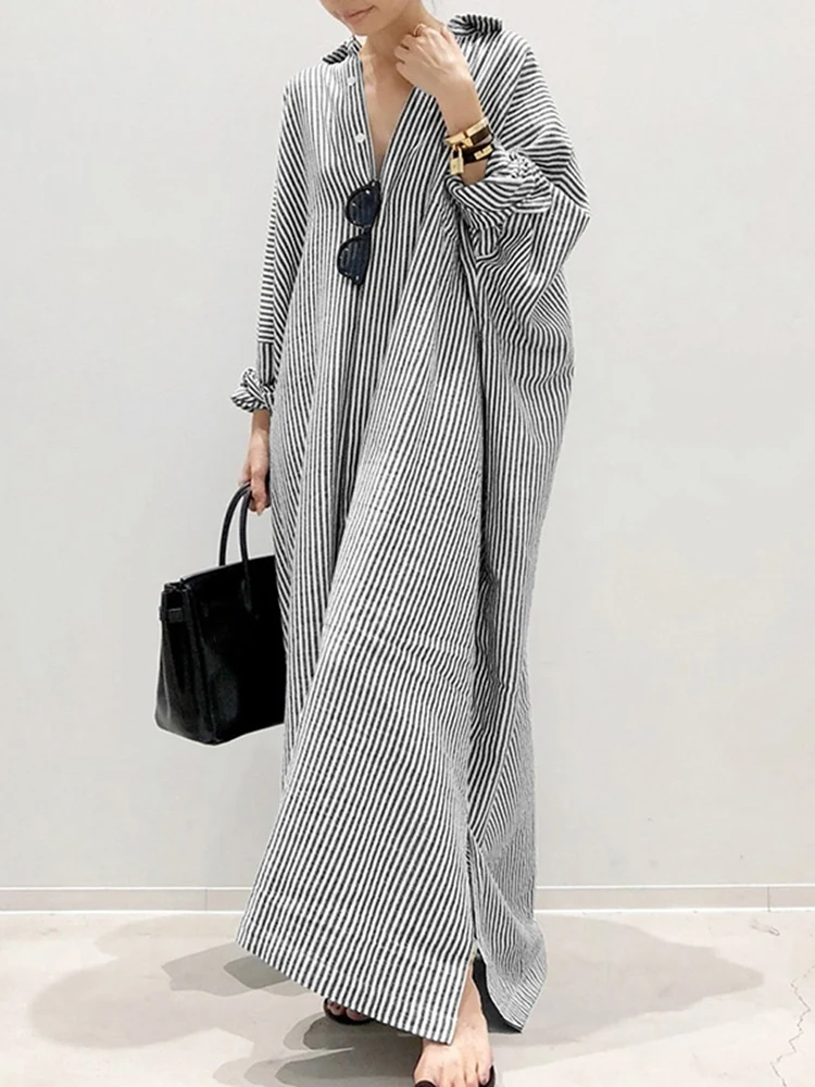 Alyssa™ - Vestido Maxi Estampado a Rayas con Mangas Abullonadas