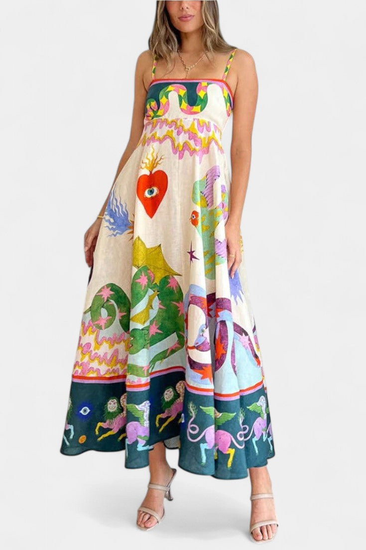 Arlene Vestido Midi de Mezcla de Lino Impreso