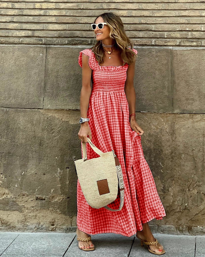 AURORA – VESTIDO MAXI CON VOLANTES Y MANGAS RIZADAS