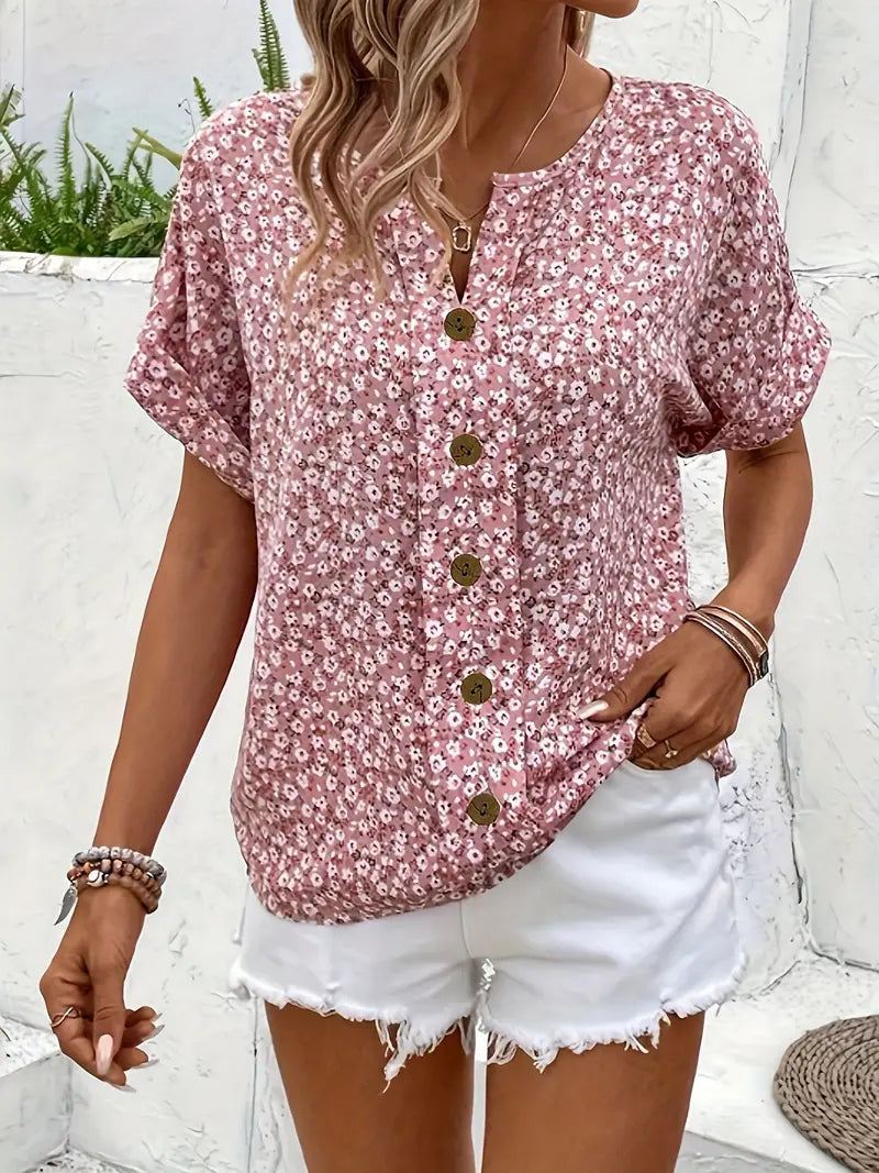 Cindy™ | Blusa de Color con Cuello Notched de Impresión Floral