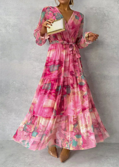 Ámbar - Vestido Maxi Envolvente con Estampado Floral y Mangas Largas