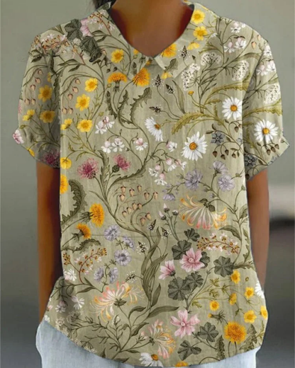Beatrix | Camisa de Algodón-Lino Floral Retro
