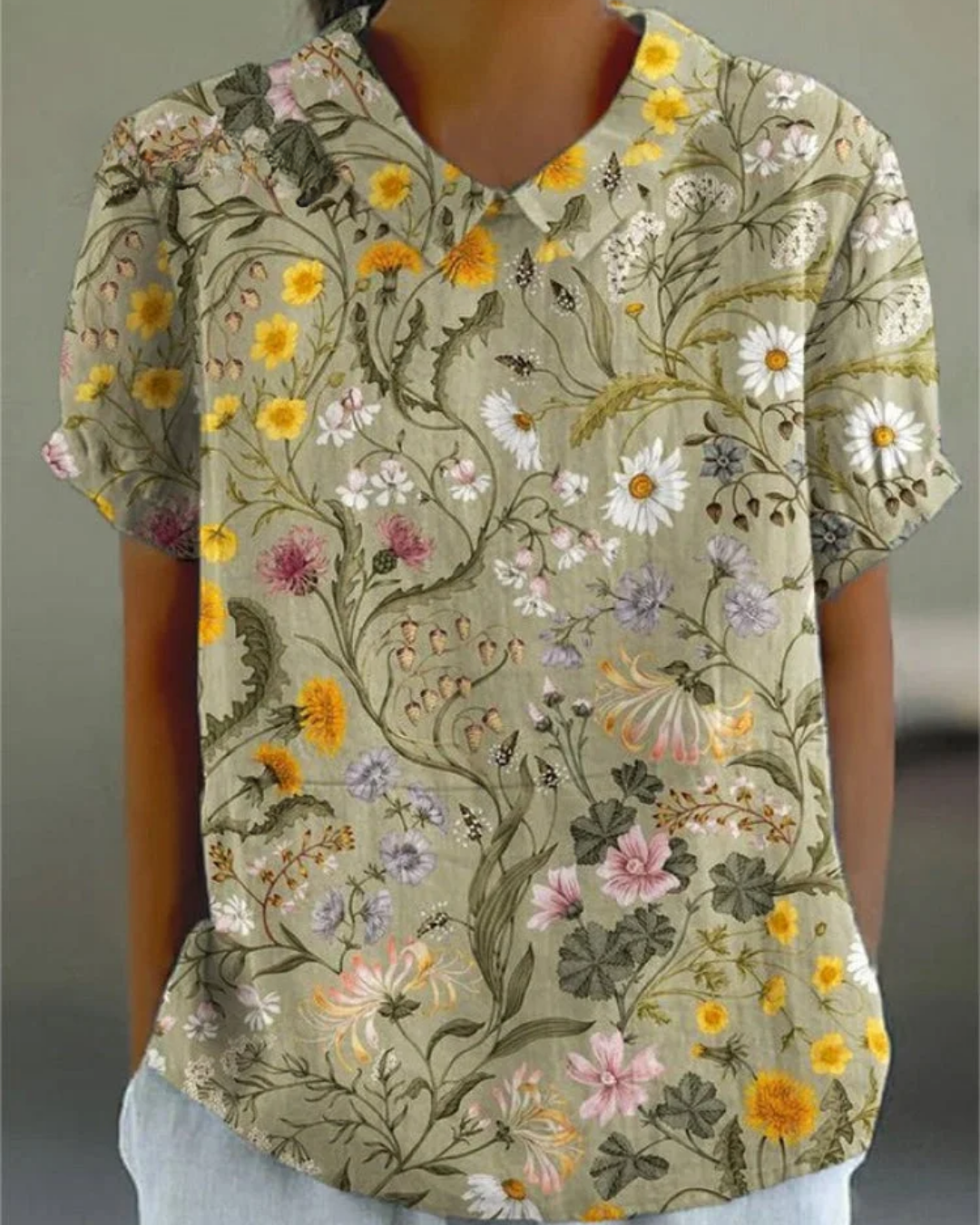 Beatrix - Camisa de Algodón-Lino con Flores Retro