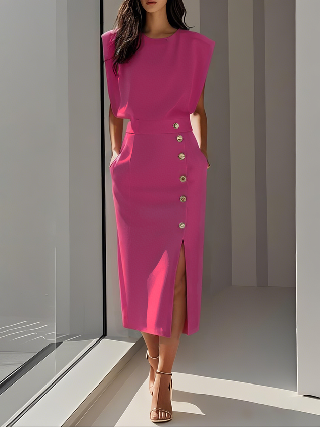Malene™ | Vestido Midi Sólido con Abertura de Botones y Escote Redondo