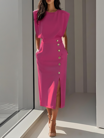 Malene™ | Vestido Midi Sólido con Abertura de Botón y Escote Redondo