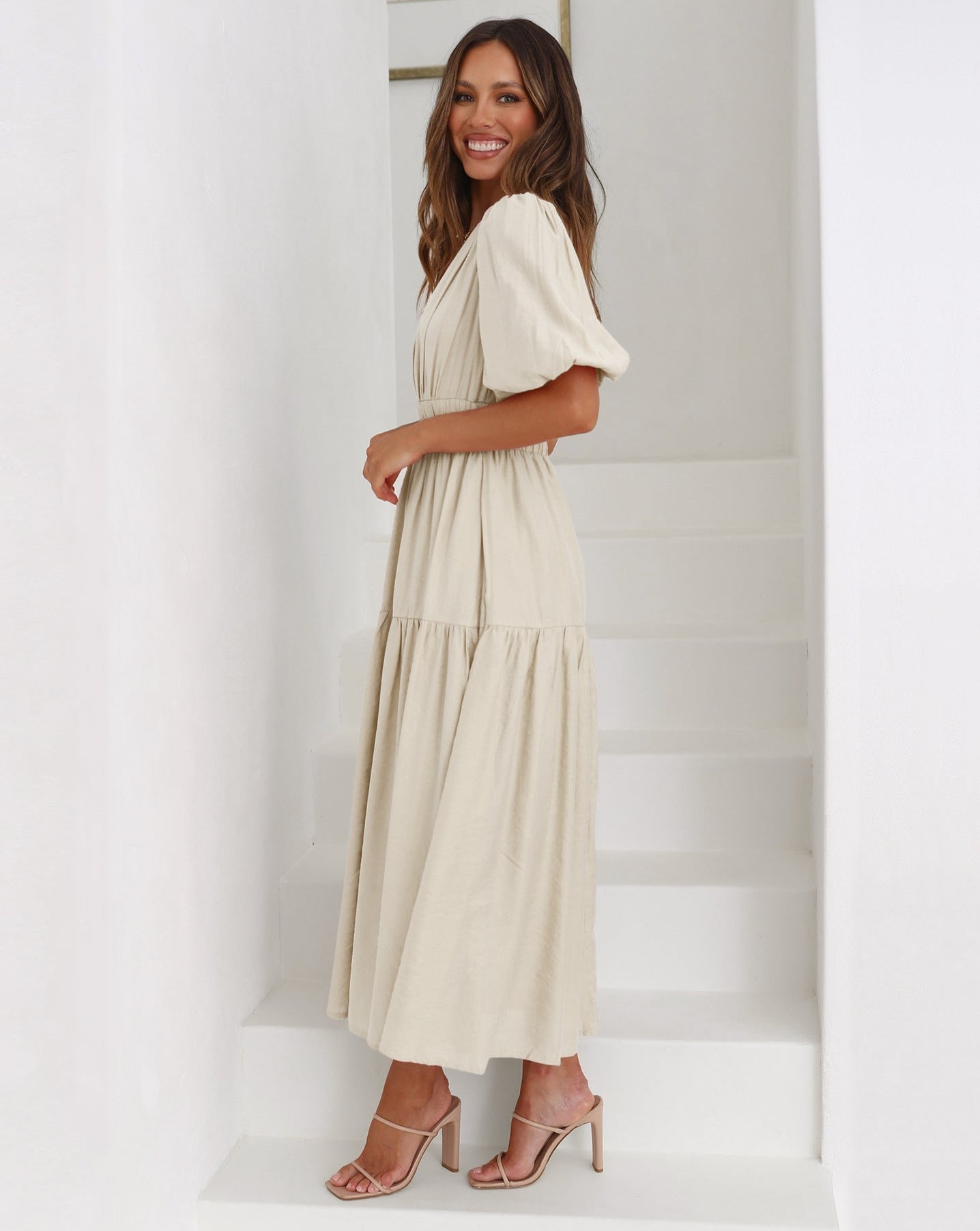 Vestido Ella Cuello en V Mangas Abullonadas