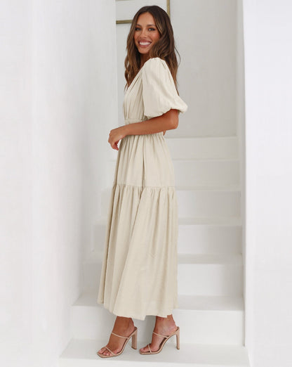 Vestido Ella Cuello en V Mangas Abullonadas