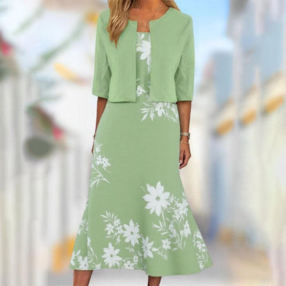 Vestido Midi Único con Estampado de Plantas en Azul y Chaqueta