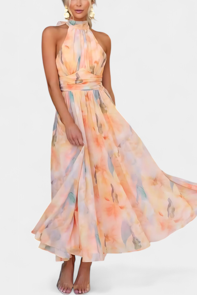 Alaia Vestido con Estampado Aquarelle y Cuello Halter