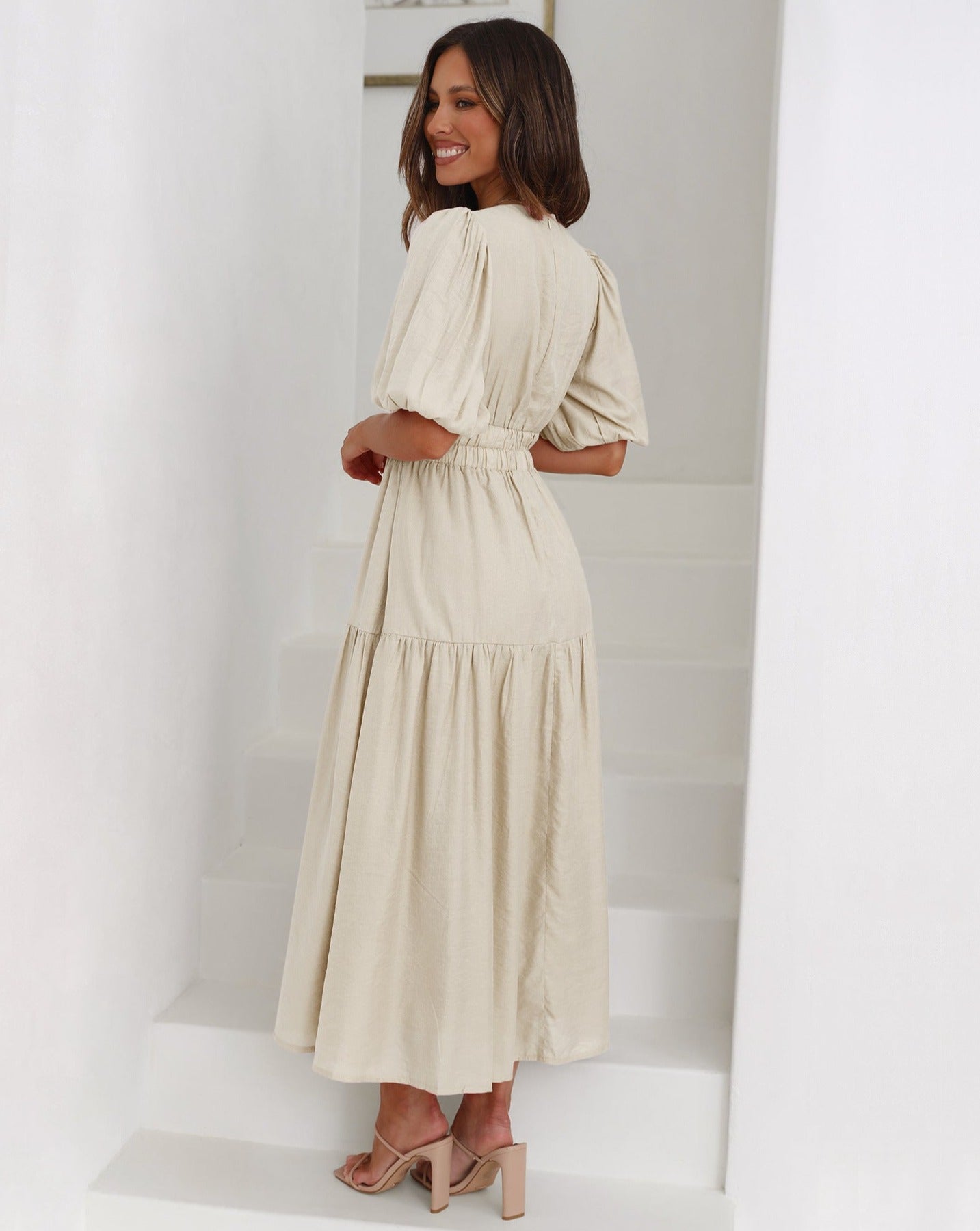 Vestido Ella Cuello en V Mangas Abullonadas