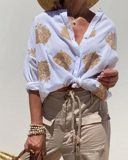 SALMA - Camisa casual de algodón y lino bordada