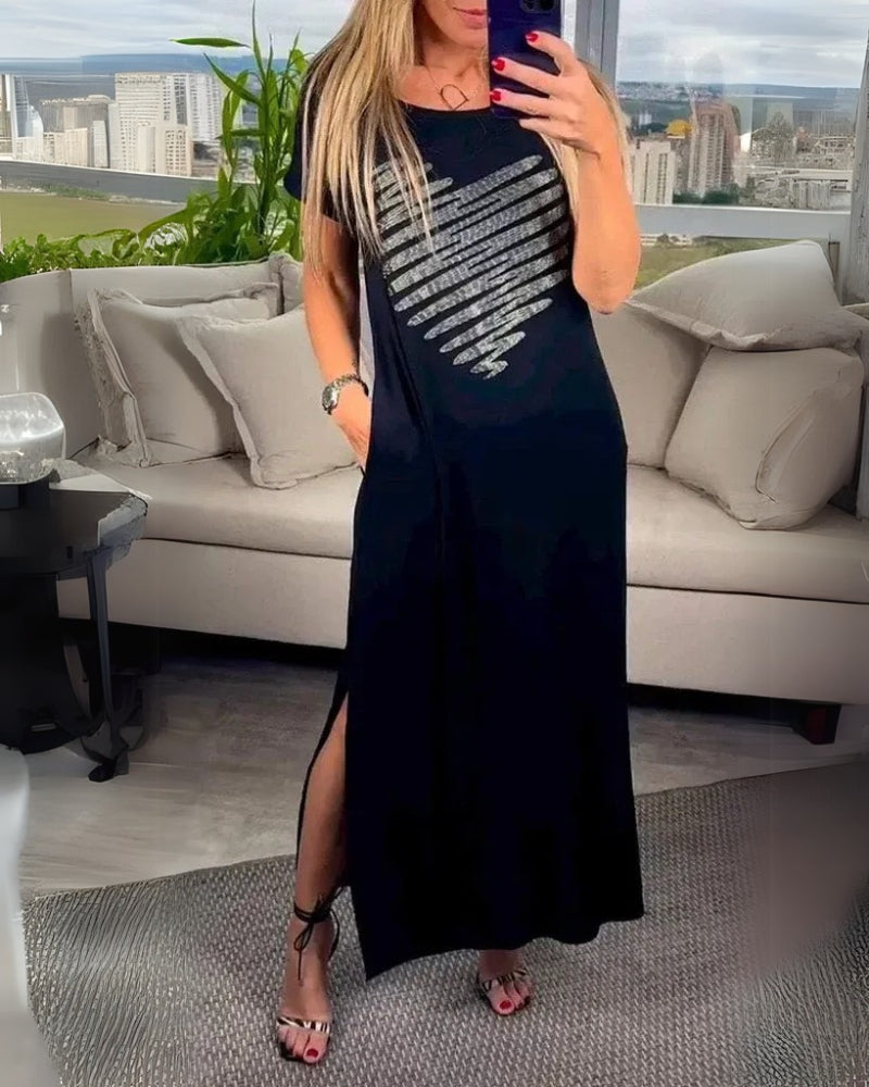 ENILA - Vestido Casual Con Corazón Plateado