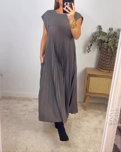 Vestido Maxi Plisado de Manga Corta para Mujeres
