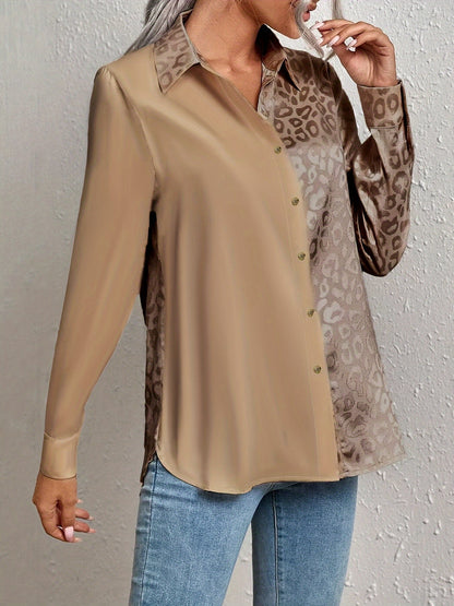 Gwendolyn - Camisa de Botones de Satén Bicolor con Estampado de Leopardo
