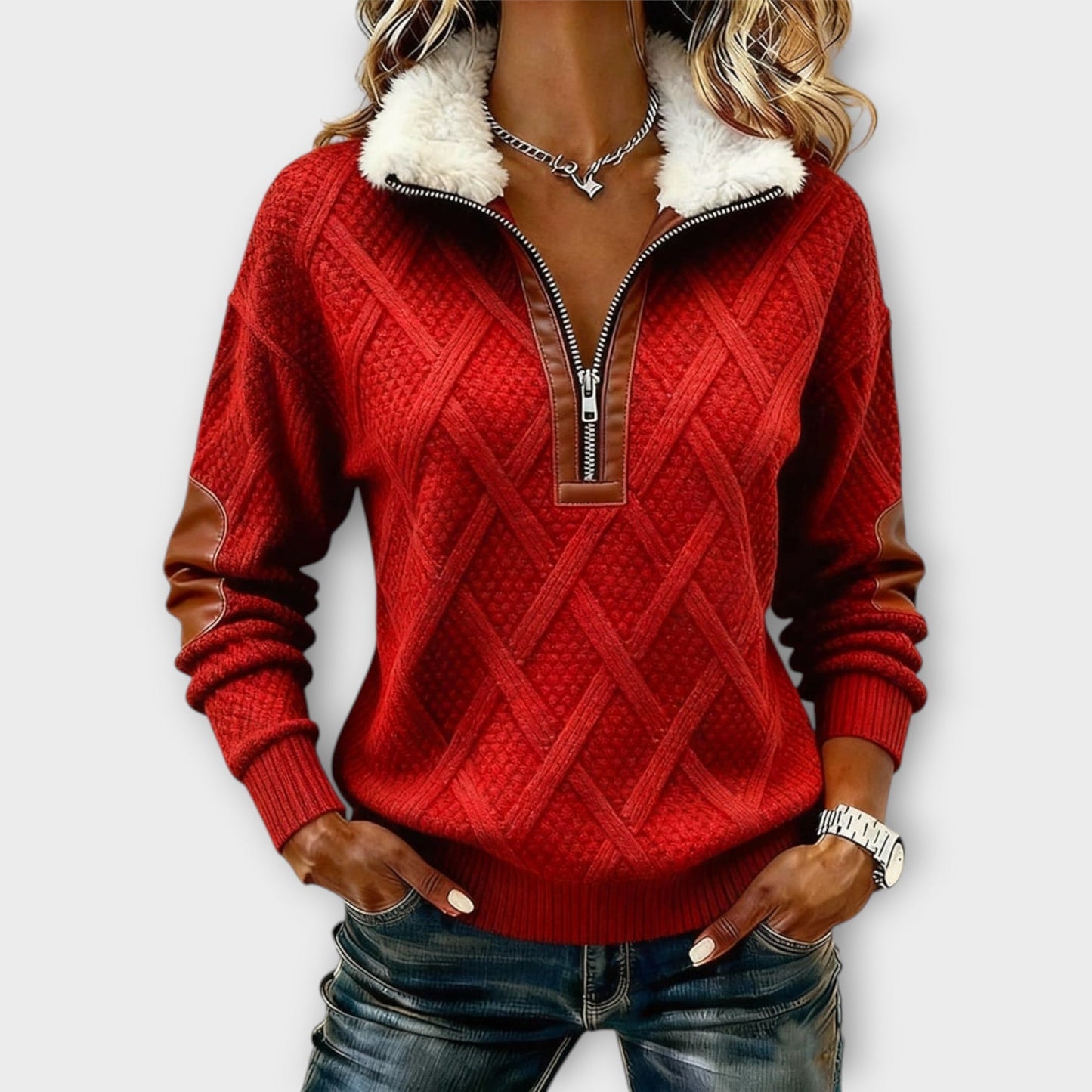 Suéter con Cuello Sherpa a Medio Zip
